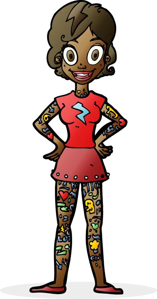 caricatura, mujer, con, pesado, tatuajes vector