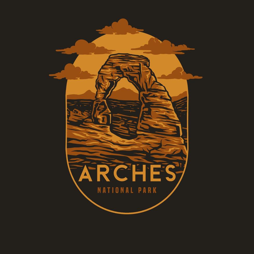 Vector illustration of Arches National Park, hand drawn line style with digital color