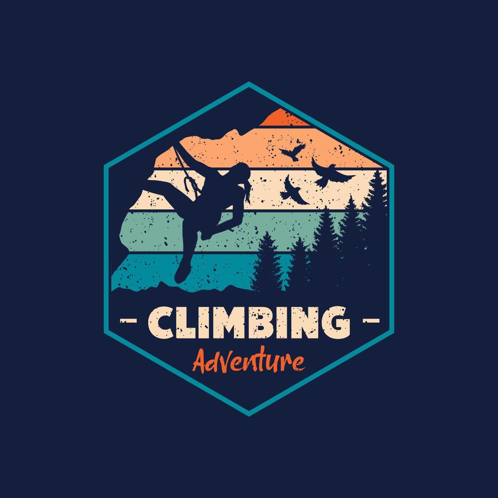 Rock Climbing Retro Vintage, hand drawn line style with digital color, vector illustration