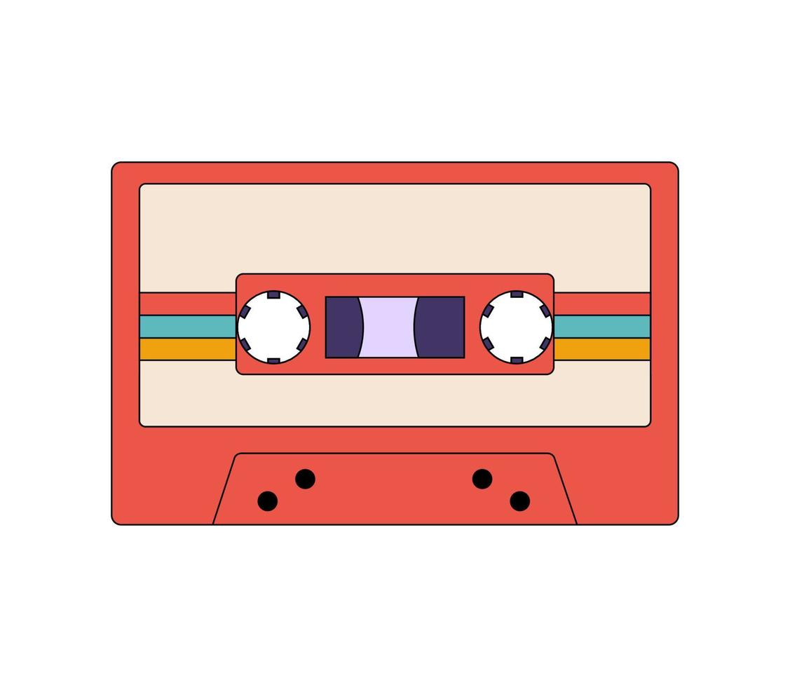 Vector illustration groovy retro audio cassette with stripes. Analog media for recording pop music and rock. Sticker Old fashioned tape cassette in 80s style isolated on white