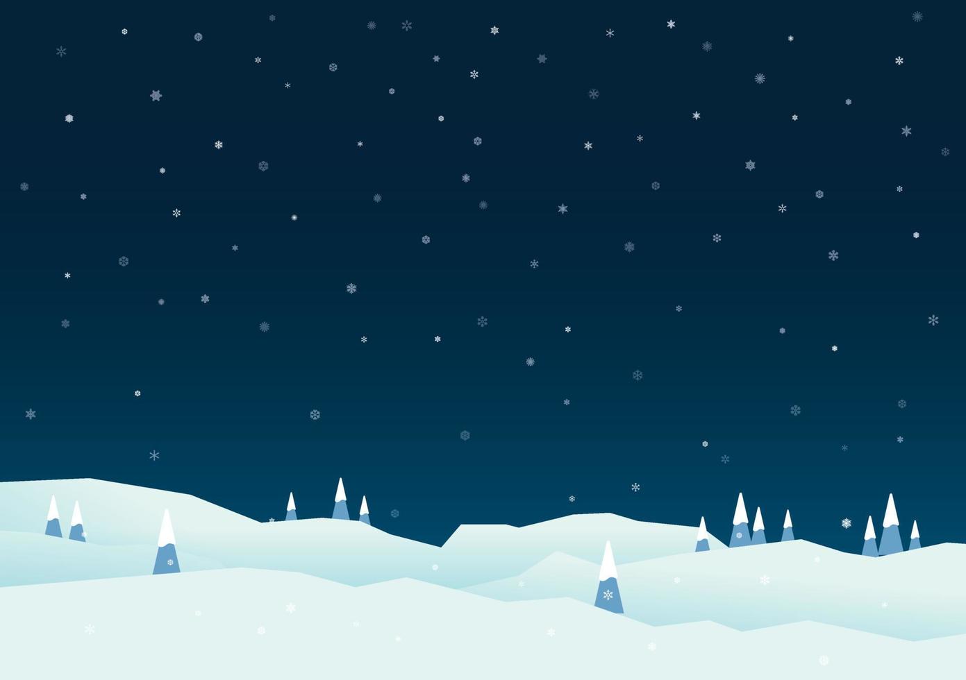 noche de colinas de invierno y fondo de paisaje de pinos con nevadas. vector