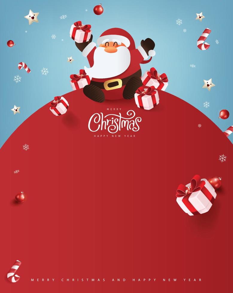 Santa Claus with a huge bag on the run to delivery christmas gifts at snow fall.Merry Christmas text Calligraphic Lettering Vector illustration.