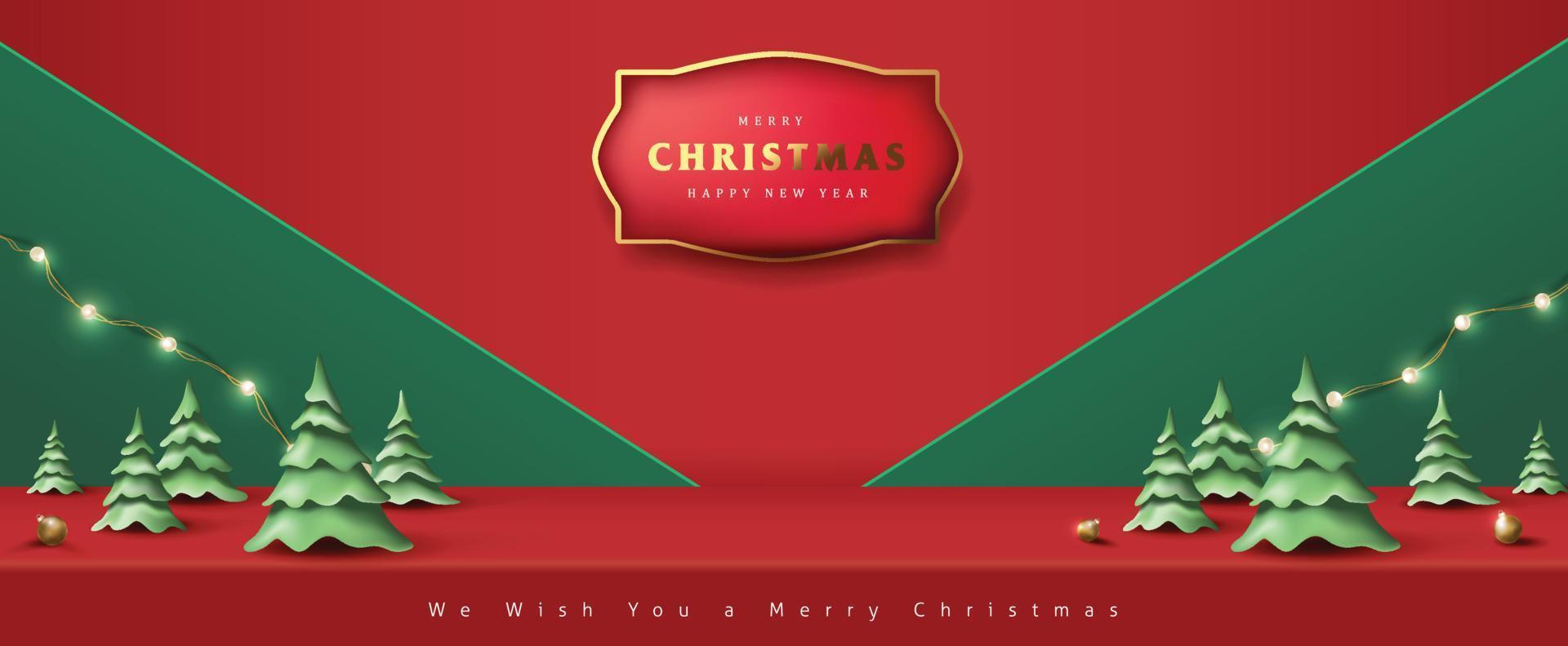 Merry Christmas banner studio table room product display with copy space and christmas tree paper cut style vector