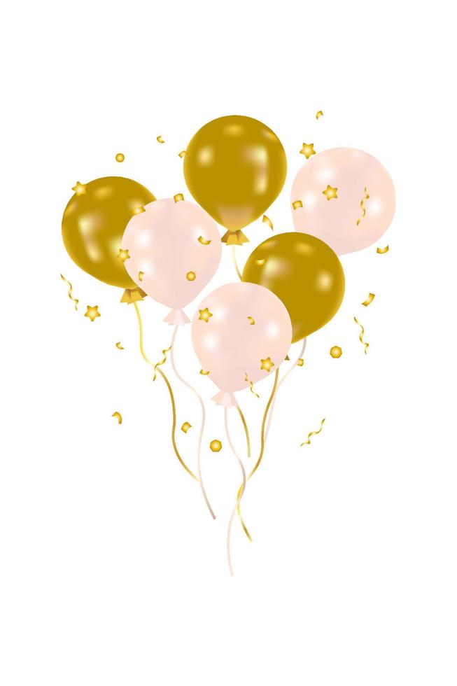 Realistic transparent, golden balls with confetti, vector illustration for postcards, decor, banner, advertising, internet