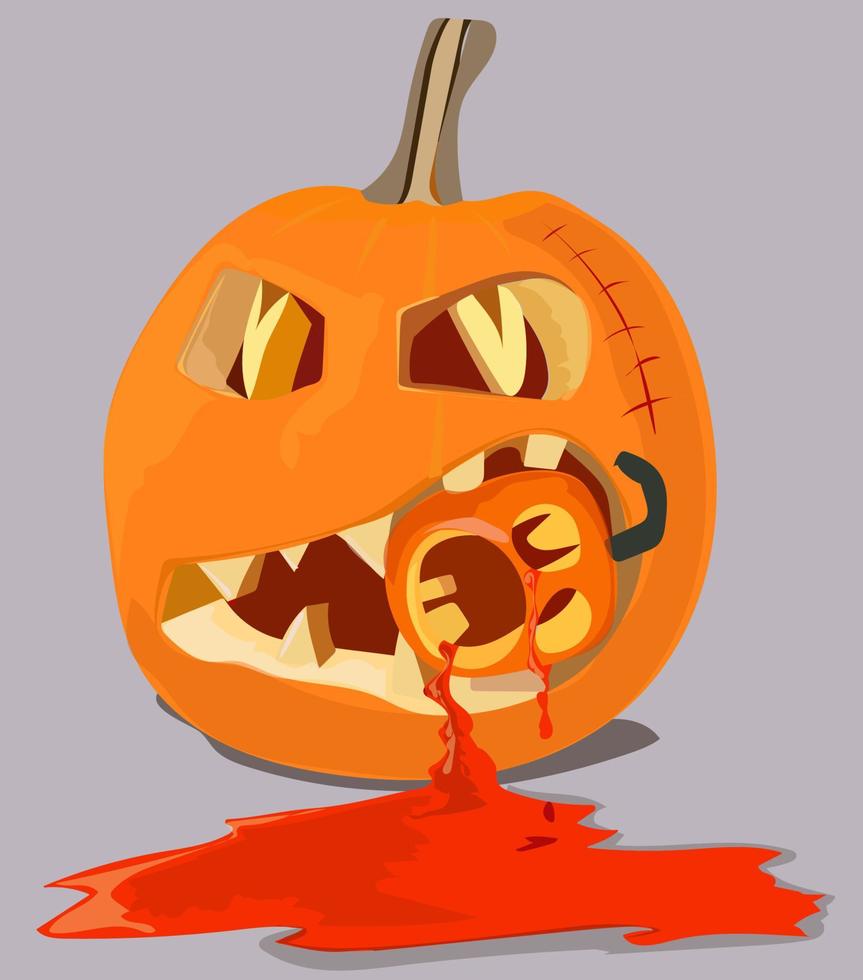 ilustración y vector, monstruo de calabaza de halloween, pequeña calabaza mordida, feliz halloween vector