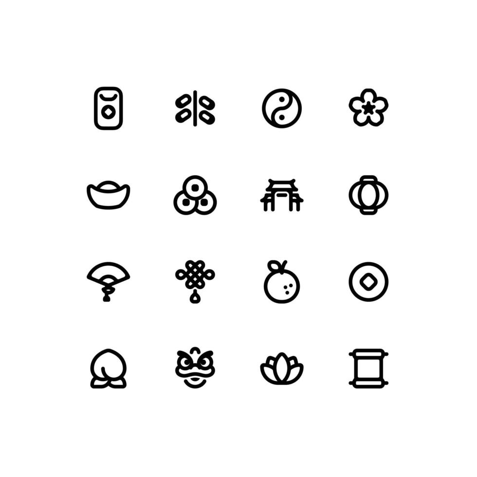 Cute Chinese lunar new year line icon set with China related icons vector