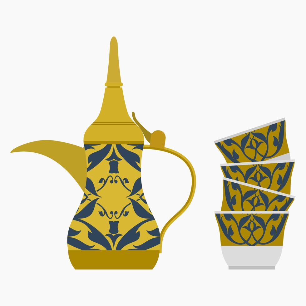 Editable Isolated Side View Arabian Dallah Coffee Pot and Finjan Cups Stack Vector Illustration With Turkish Tulip Pattern for Middle Eastern Culture Tradition Cafe and Islamic Moments Design