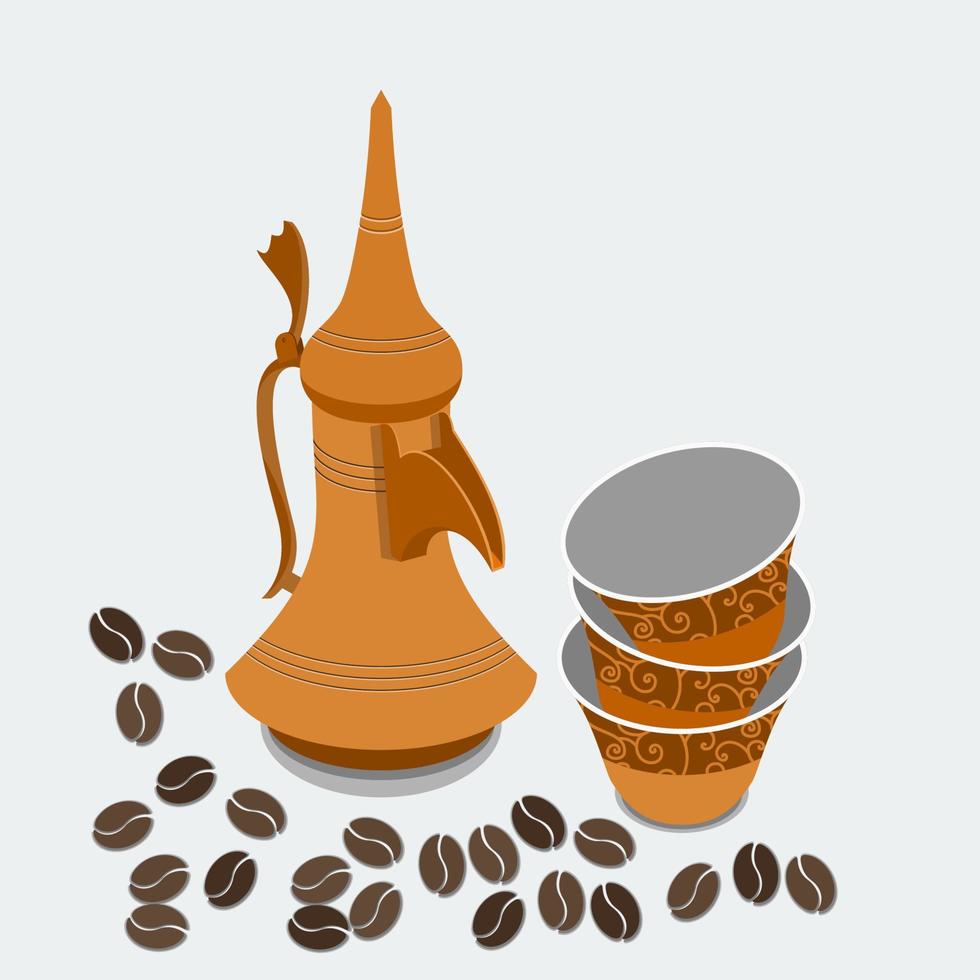 Editable Isolated Three-Quarter Top View Arabian Dallah Coffee Pot and Finjan Cups Stack with Roasted Beans Vector Illustration for Middle Eastern Culture Tradition Cafe and Islamic Moments Design
