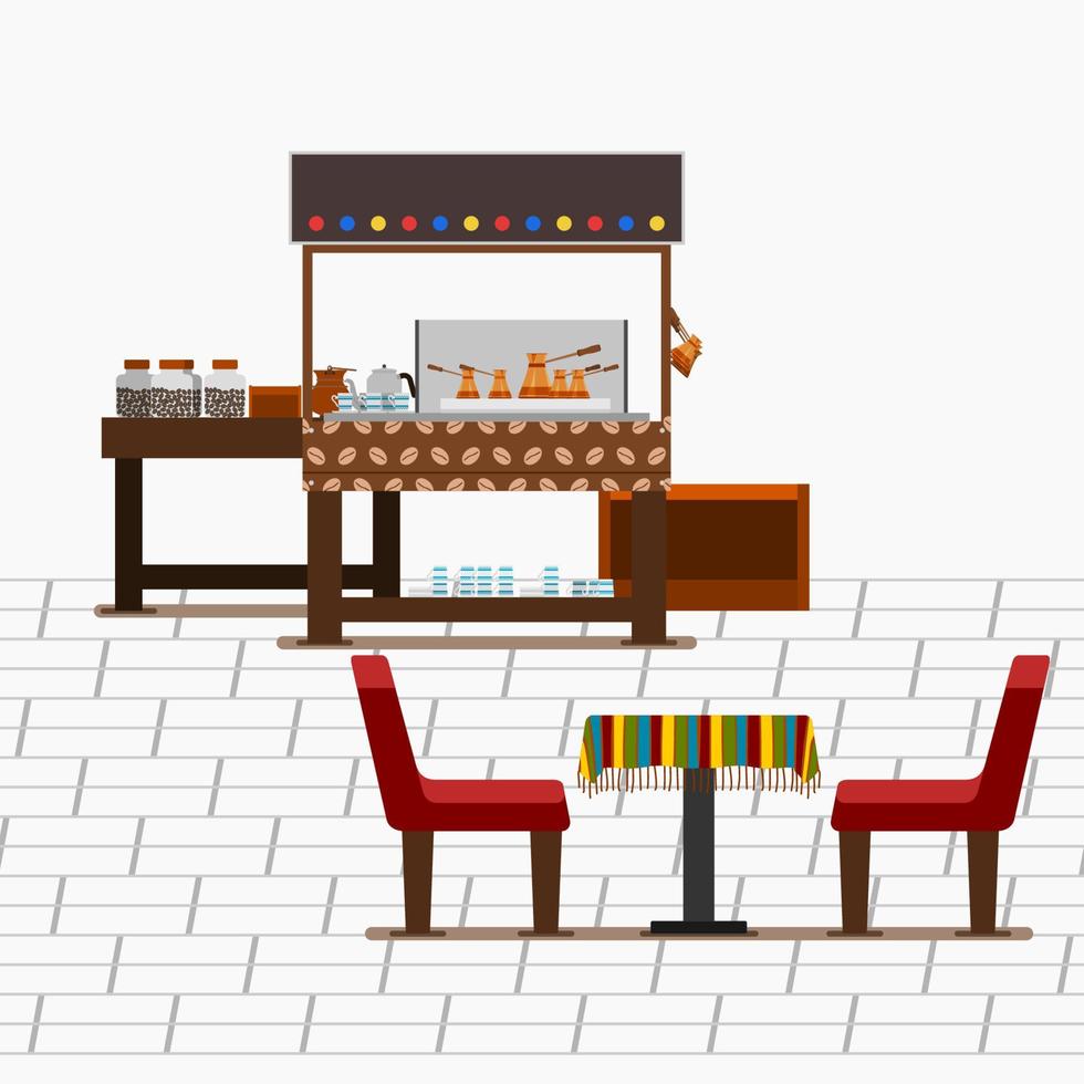 Editable Turkish Coffee Stand on Street With Table and Chairs Vector Illustration for Cafe or Coffee Industry With Ottoman Turkish Culture Related Design Concept