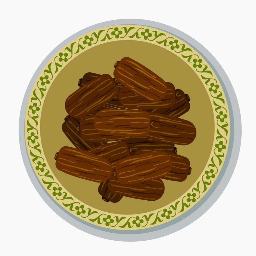 Editable Isolated Top View Arabian Dates Fruit in a Patterned Bowl Vector Illustration for Islamic Theme Purposes Like Ramadan Iftar Party and Arab Culture or Healthy Foods
