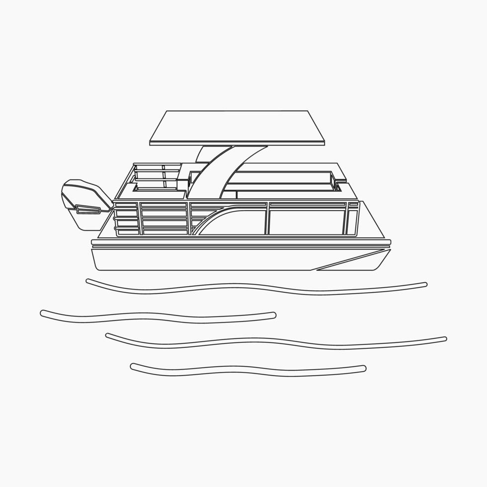 Editable Isolated Three-Quarter Top Side View Pontoon Boat on Wavy Water Vector Illustration in Outline Style for Transportation or Recreation Related Design