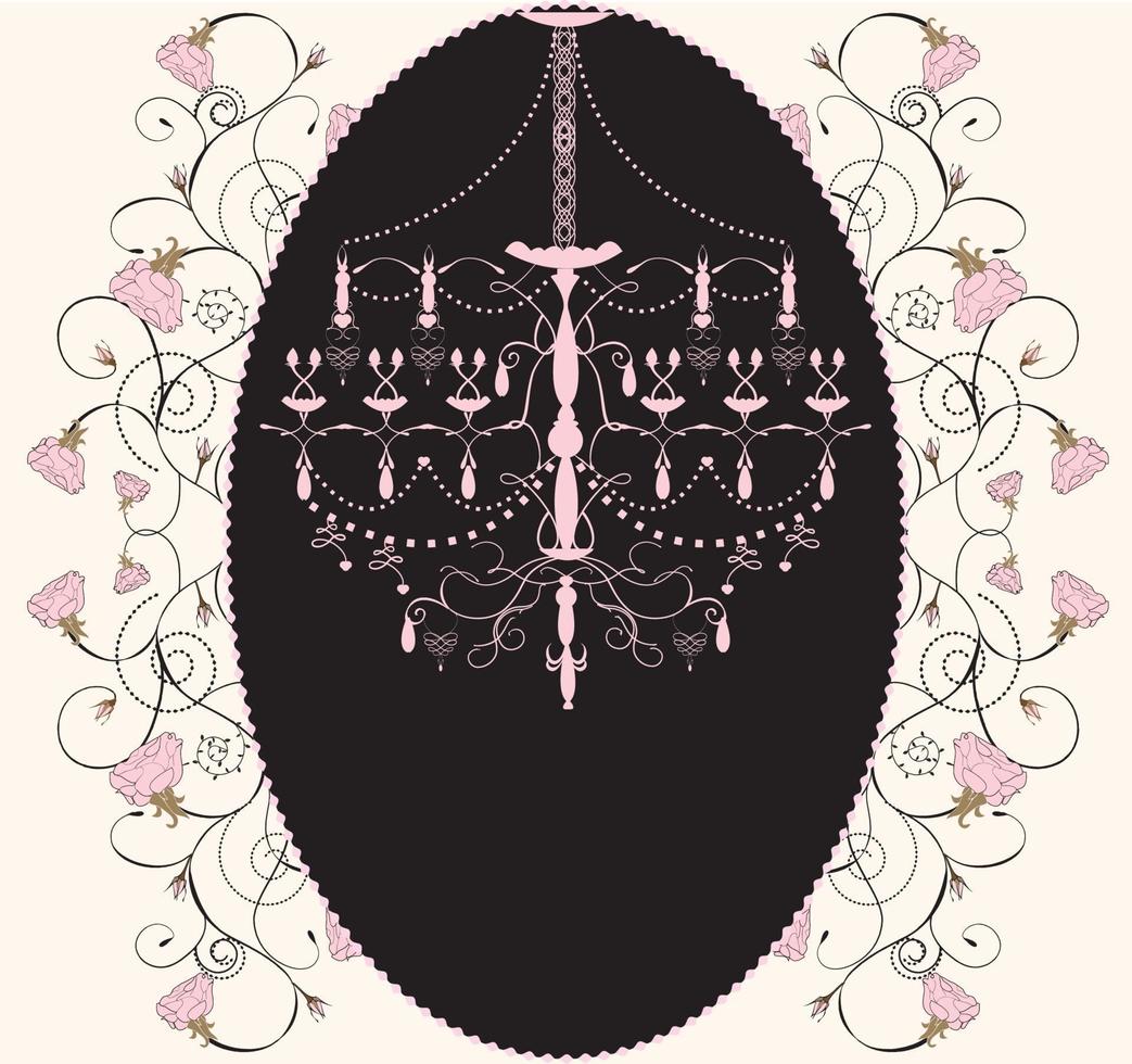 tarjeta de invitación vintage con diseño de rosa floral y lámpara de araña vector