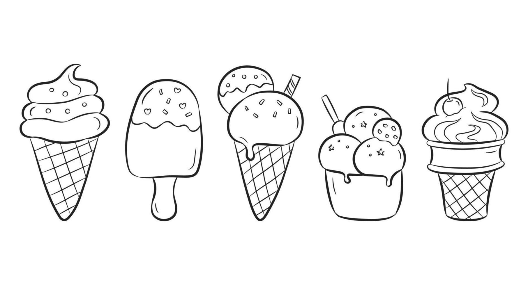 Set of ice cream isolated on white background. Collection of Ice cream waffle cone, popsicle and ice cream in a cup in doodle style. Vector Illustration