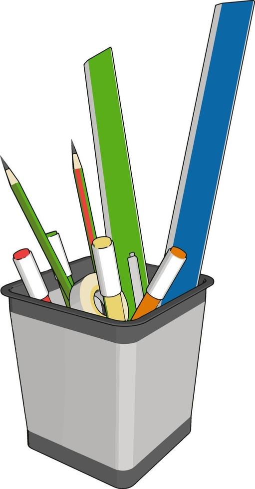 Pen holder, illustration, vector on white background.