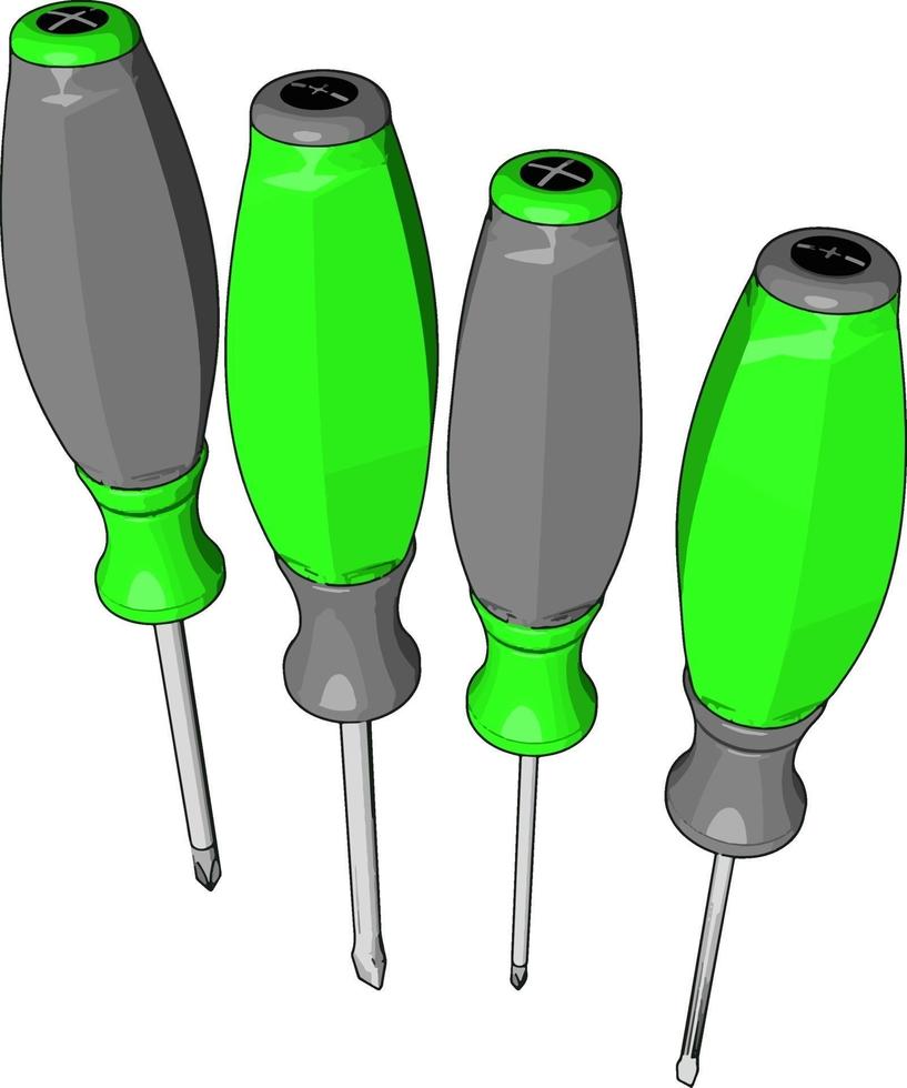 Green screwdrivers, illustration, vector on white background.