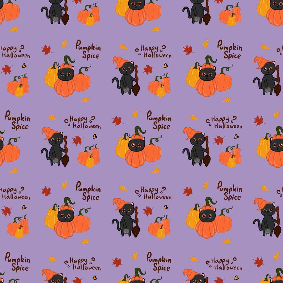 Halloween kawaii cat with costume vector seamless pattern