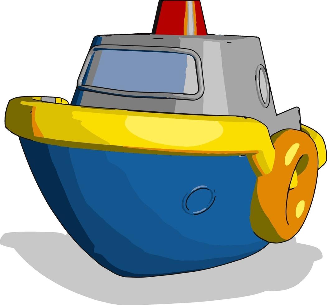 Pequeño barco azul de juguete, ilustración, vector sobre fondo blanco.