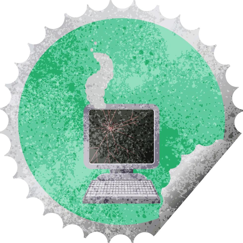 broken computer graphic vector illustration round sticker stamp