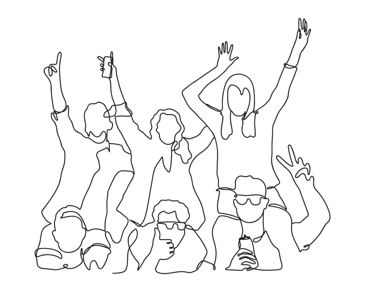Line art drawing of cheerful crowd. Hands up. Group of Applause people