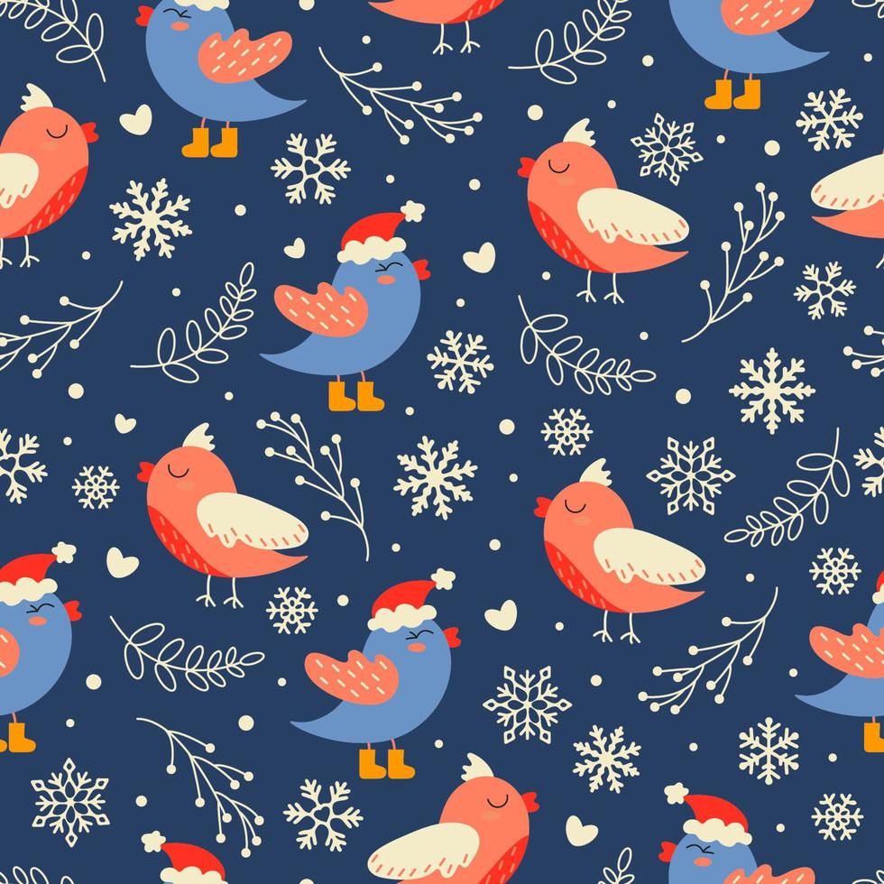 Winter Seamless vector Pattern with Christmas birds, branches and Snowflakes. Christmas design for greeting cards, wrapping papers, wallpaper, fabric prints. Merry Christmas, Happy New Year.