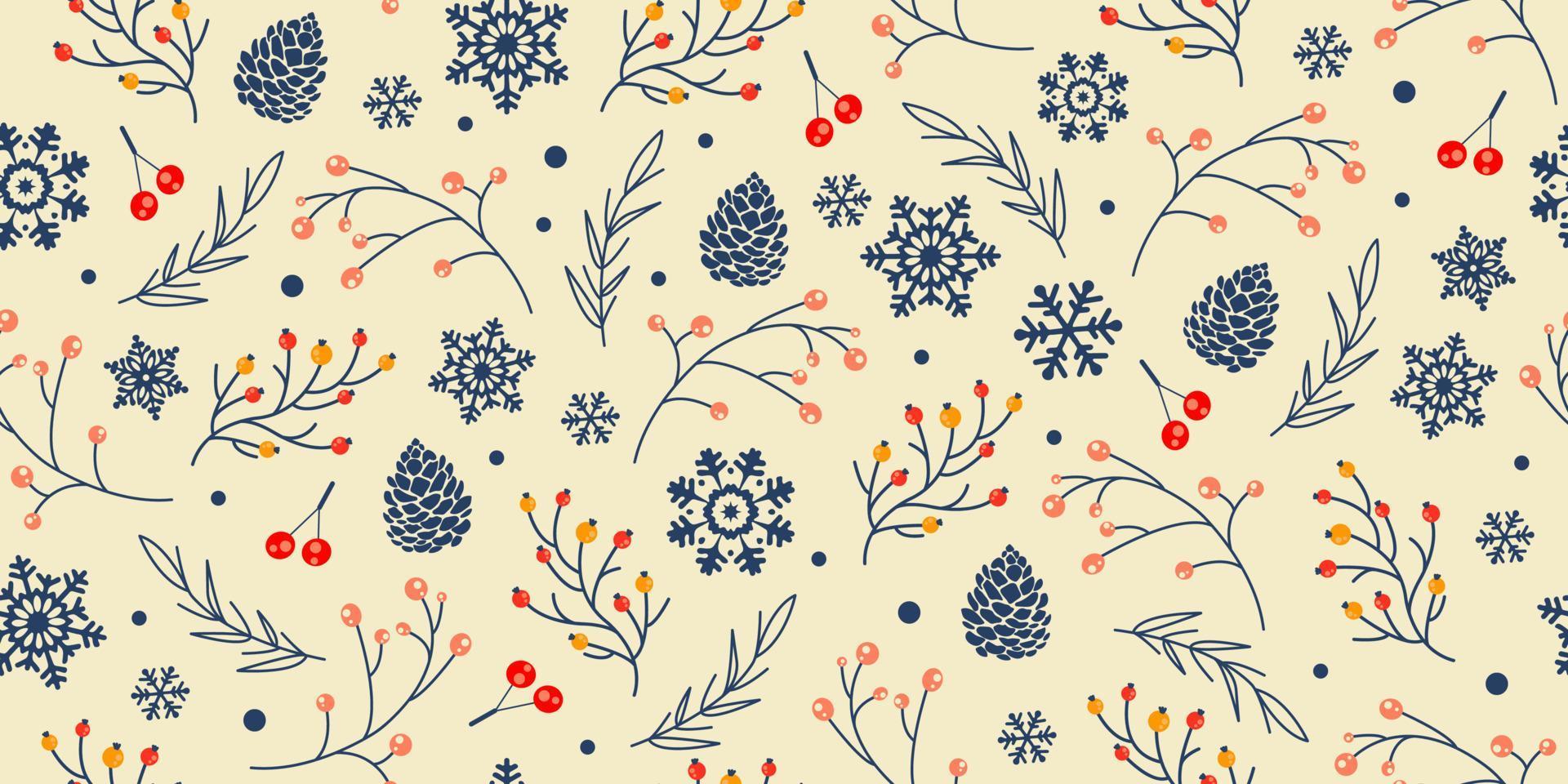 Winter seamless vector Pattern with Snowflakes, berries, branches and fir cones. Part of Christmas backgrounds collection. Can be used for wallpaper, pattern fills, fabric prints, surface textures.
