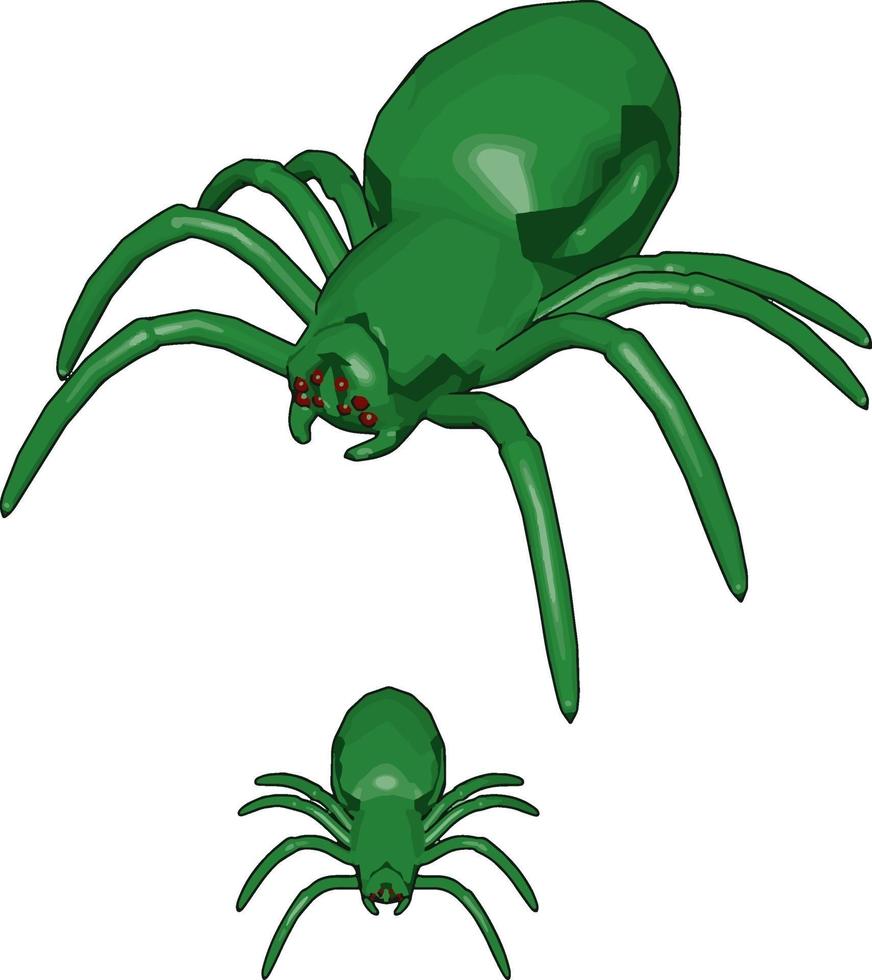 Green 3d spiders, illustration, vector on white background.