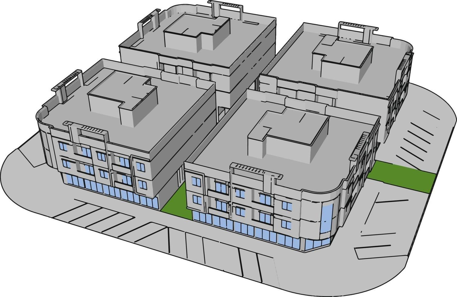 edificio complejo, ilustración, vector sobre fondo blanco.