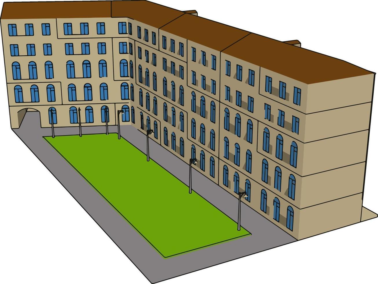 Big building with grass field, illustration, vector on white background.