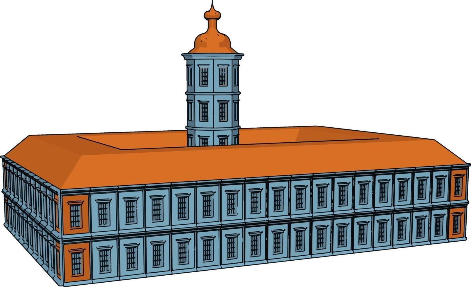 Beautiful big building with red roof, illustration, vector on white background.