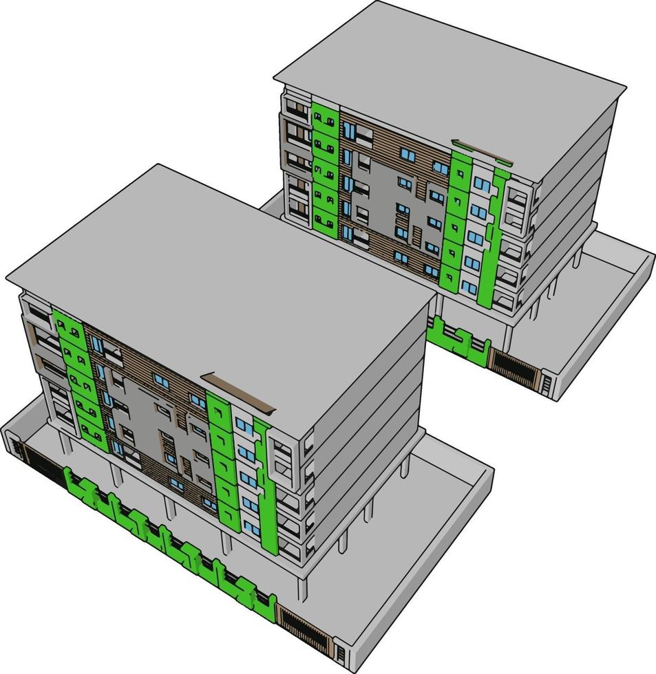 Green residential building, illustration, vector on white background.