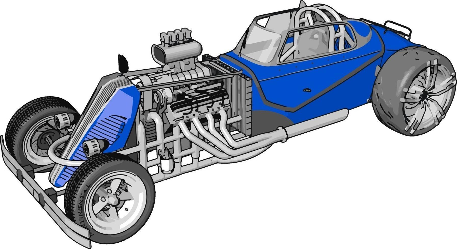 Coche de carreras retro azul, ilustración, vector sobre fondo blanco.