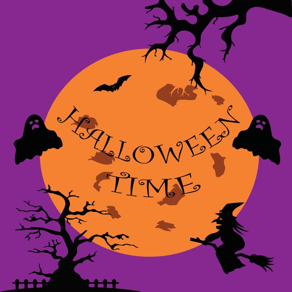 Halloween artwork made on a purple background , that includes some witches , ghosts and bats vector