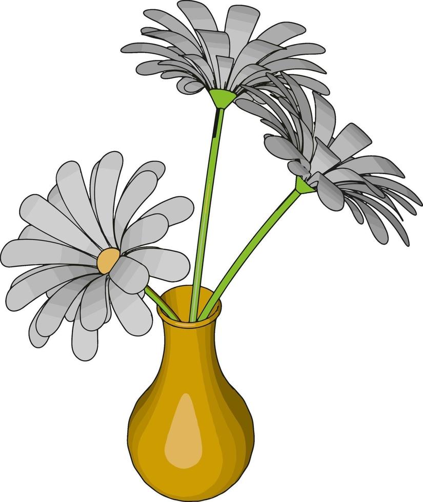 Yellow vase with flowers, illustration, vector on white background.