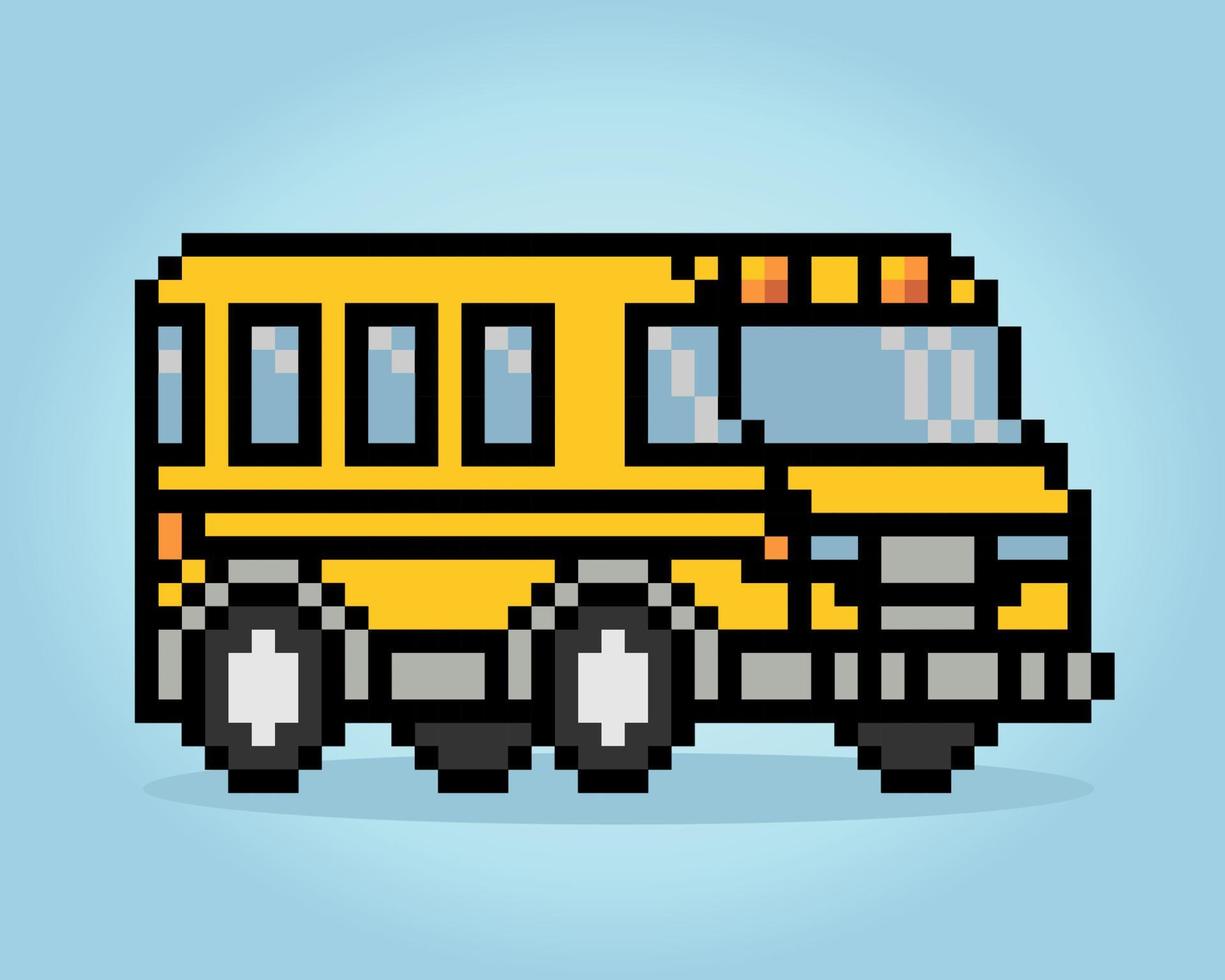 Pixel 8 bit school bus. transportation car for game assets in vector illustration.