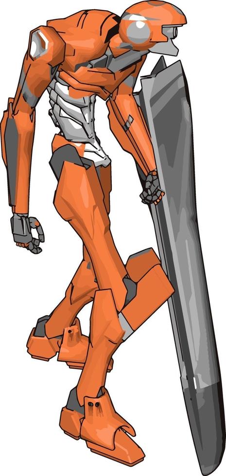 Robot naranja con escudo, ilustración, vector sobre fondo blanco.