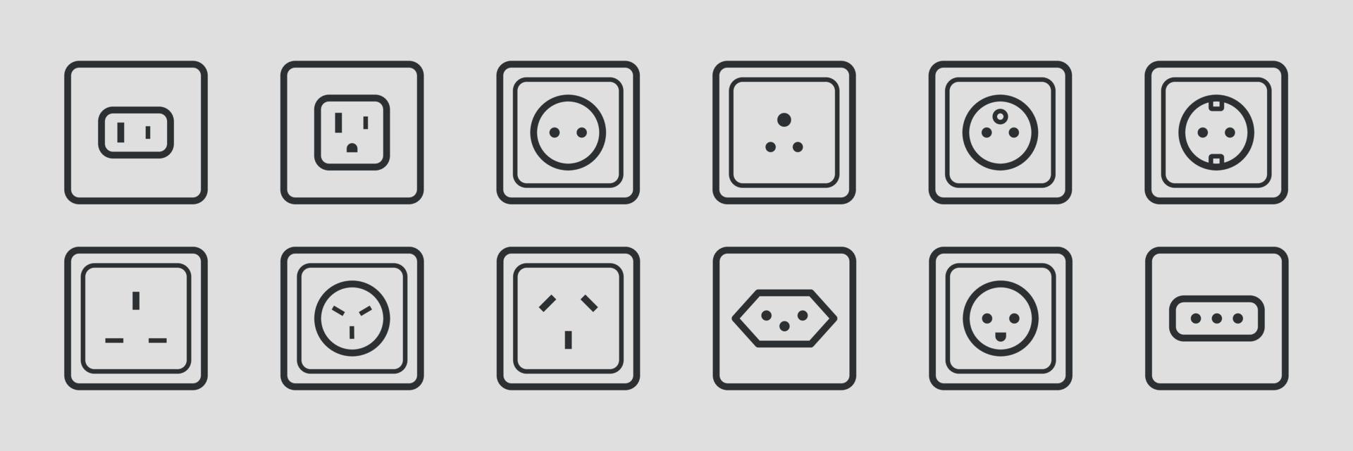 Different type power socket line icon set. Electric plug symbols. Power device for home. Informational signs. Vector  illustration