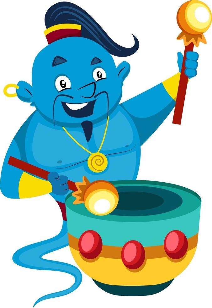 Genie with drums, illustration, vector on white background.