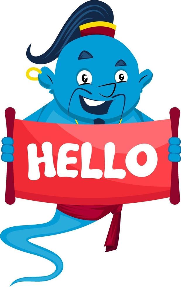 Genie with hello sign, illustration, vector on white background.