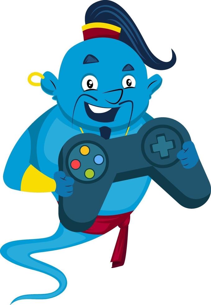 Genie with gamepad, illustration, vector on white background.