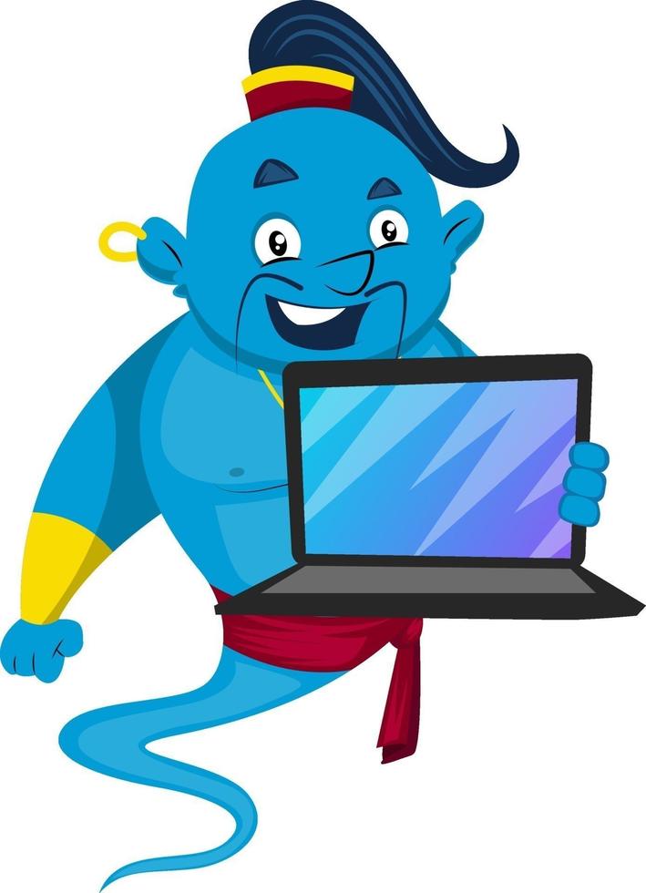 Genie with laptop, illustration, vector on white background.