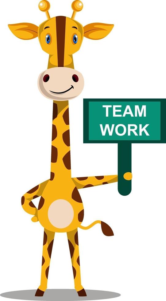 jirafa con signo de trabajo en equipo, ilustración, vector sobre fondo blanco.