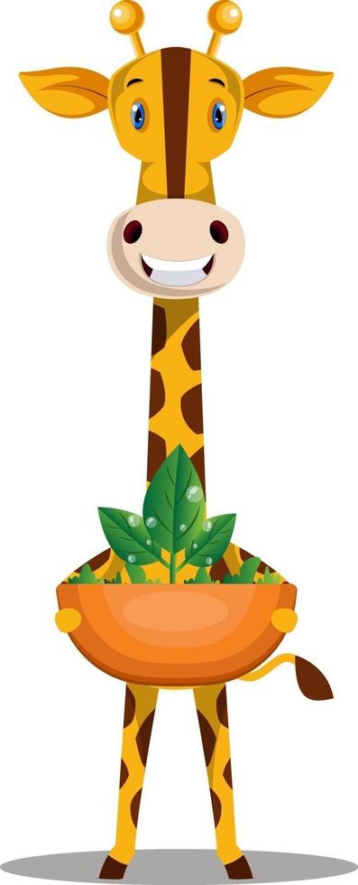 Giraffe with plant, illustration, vector on white background.