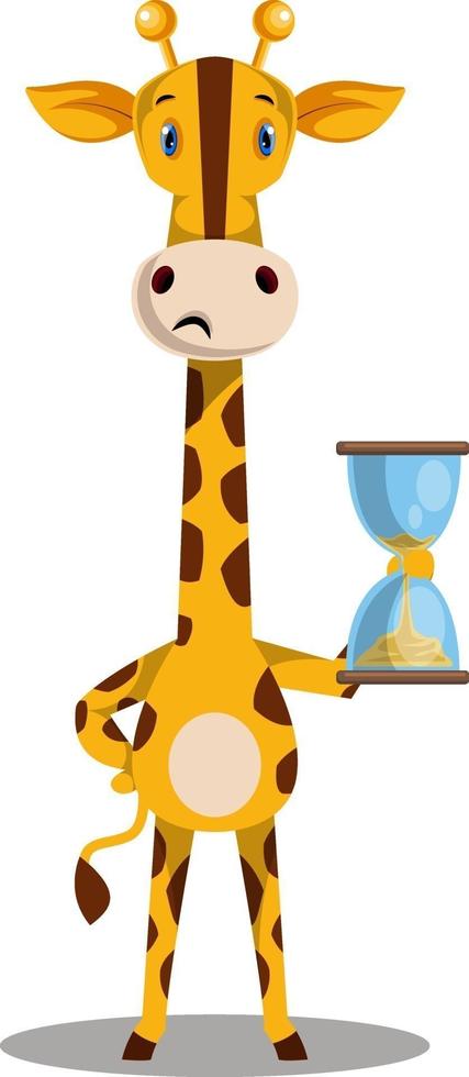 Giraffe with sand watch, illustration, vector on white background.