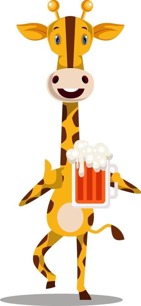 Giraffe with beer, illustration, vector on white background.