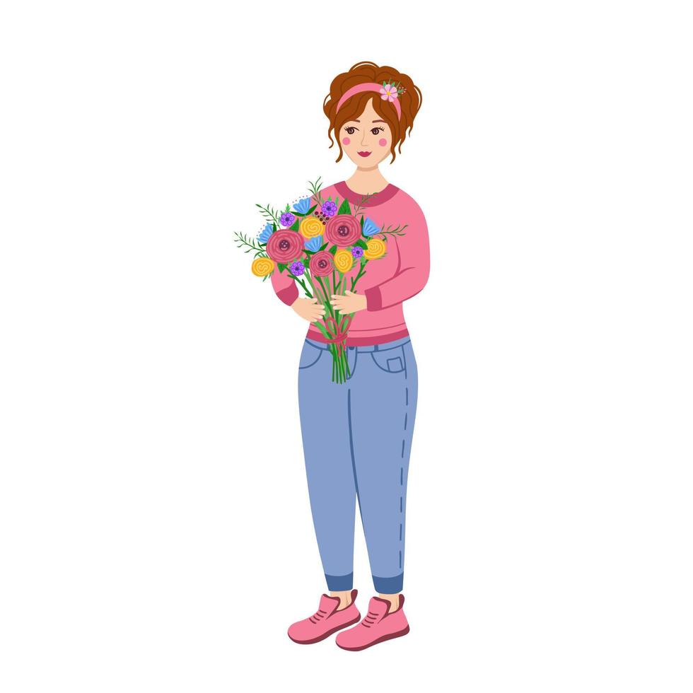 chica con ramo de flores en las manos. ilustración para impresión, fondos, cubiertas y embalaje. la imagen se puede utilizar para tarjetas de felicitación, carteles y textiles. aislado sobre fondo blanco. vector