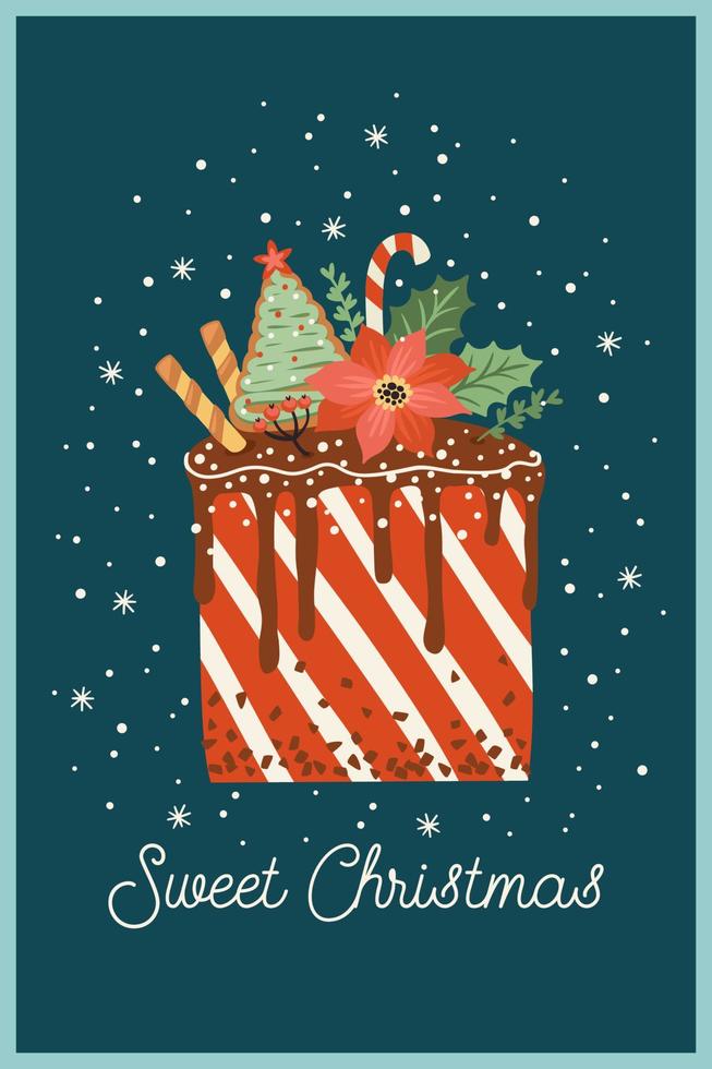 Christmas and Happy New Year card with christmas sweet. Trendy retro style. Vector design template.