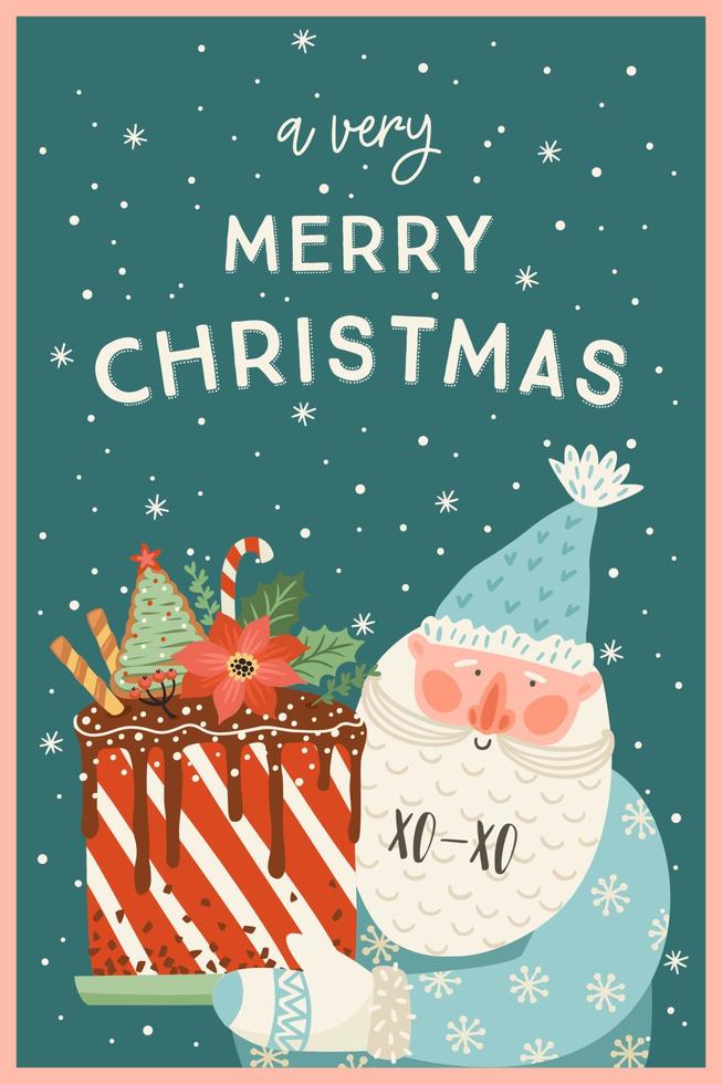Christmas and Happy New Year illustration of Santa with cake. Trendy retro style. Vector design template.