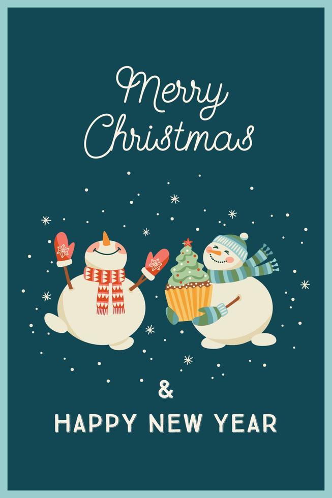 tarjeta de navidad y feliz año nuevo con muñecos de nieve. estilo retro de moda. plantilla de diseño vectorial. vector