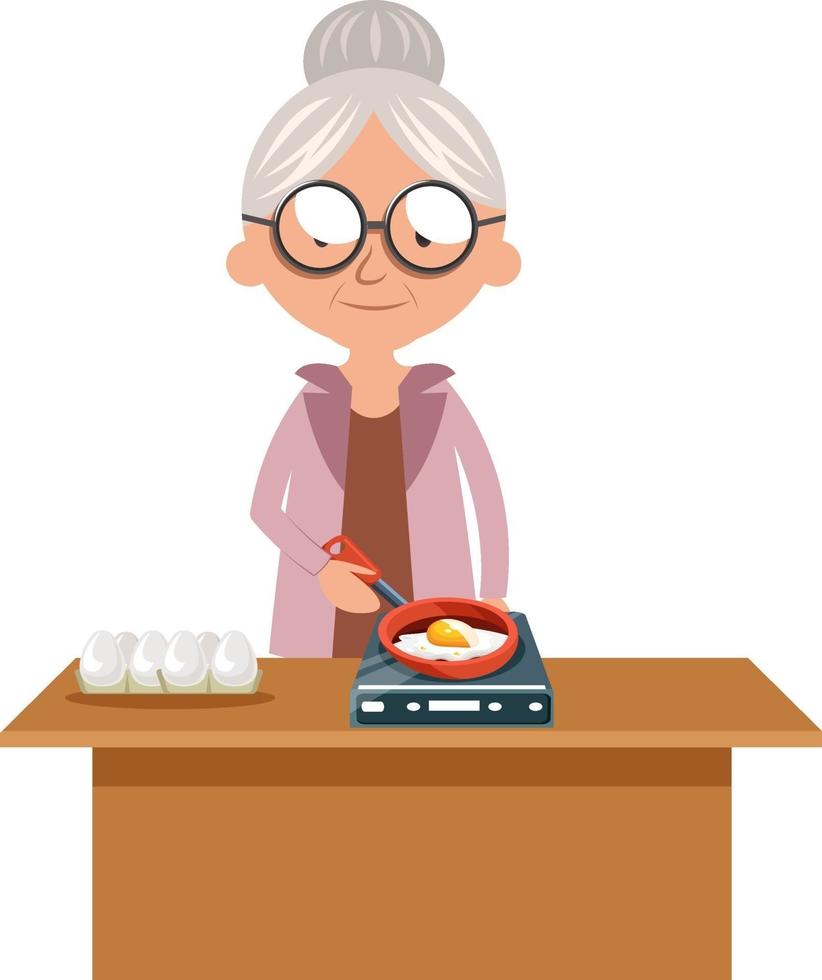 Granny cooking egg, illustration, vector on white background.
