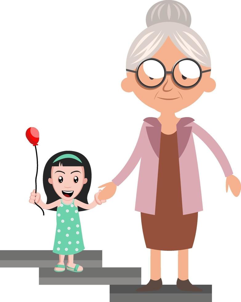 Granny with little girl, illustration, vector on white background.